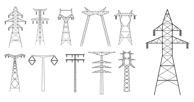 Conjunto de icono de línea eléctrica de alto voltaje o torres de transmisión de energía de pilones de alto voltaje o eléctrica