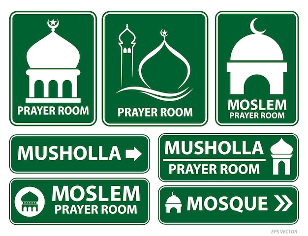 Vector conjunto de icono de mezquita o signo de sala de oración aislado ilustración 3d