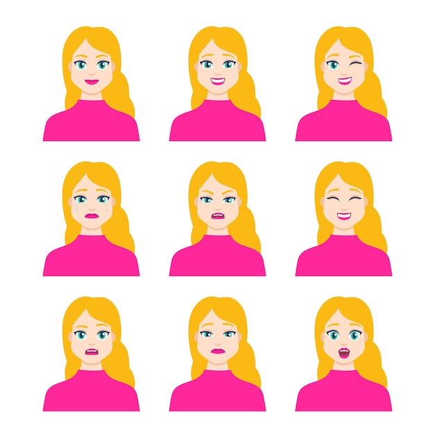 Conjunto de icono de mujer joven con emociones en estilo de dibujos animados diseño plano de perfil de avatar de chica