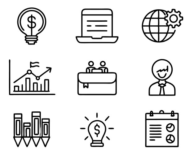 conjunto de icono de negocio línea de arte ilustración idea contacto organización objetivo red comunitaria