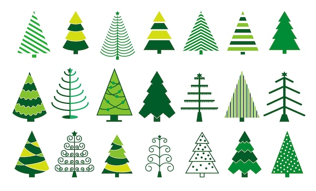 conjunto de icono plano de árbol de navidad o icono plano negro árbol de navidad aislado o árbol de navidad verde