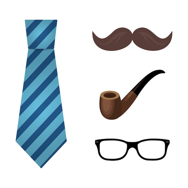 Vector conjunto de icono plano corbata gafas fumar pipa y bigote para el día del padre ilustración vectorial