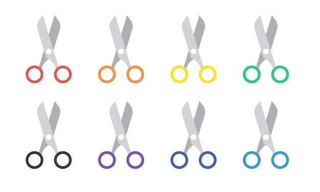 Conjunto de icono plano de tijeras multicolor. Tijeras firman diseño vectorial. Logotipo de imágenes prediseñadas de tijeras