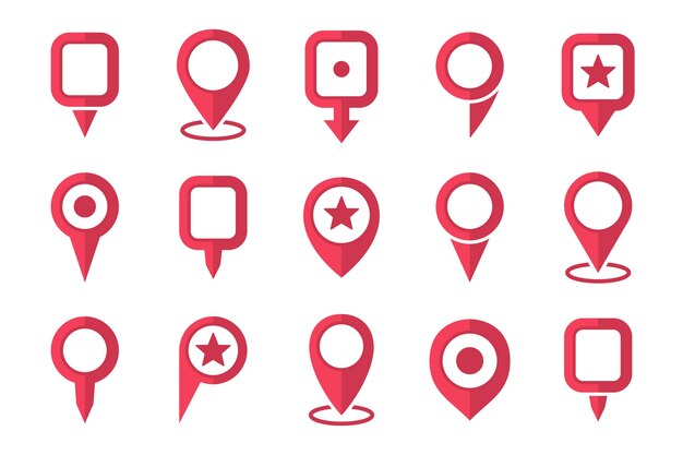 Conjunto de icono de puntero de pin de ubicación rojo en un diseño plano