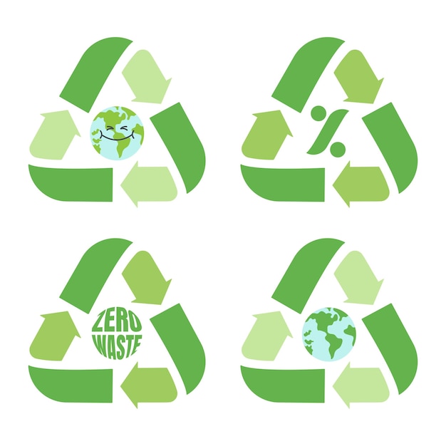 Conjunto de icono de reciclaje globo terráqueo cero desperdicio salvar el concepto de planeta y ecología protección de la ecología y el medio ambiente ilustración de dibujos animados planos vectoriales