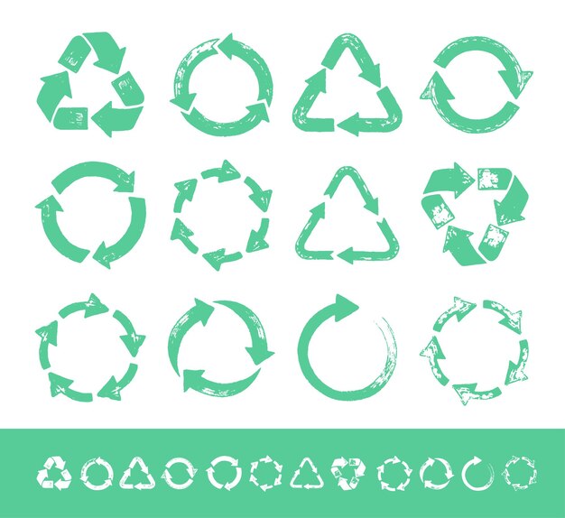 Conjunto de icono de reciclaje Reciclar Reciclaje símbolo verde Estilo grunge Insignias con rasguños y rasguños Ilustración de vector de dibujo a mano Aislado sobre fondo blanco