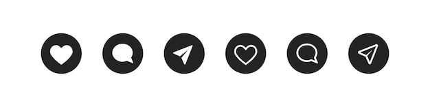 Conjunto con un icono de red social negro Iconos de envío de comentarios de corazón Ilustración de línea vectorial Símbolos blancos en un círculo negro