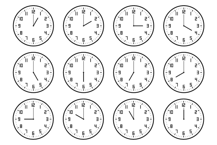 Vector conjunto de icono de reloj analógico con número que notifica cada hora aislado en blanco