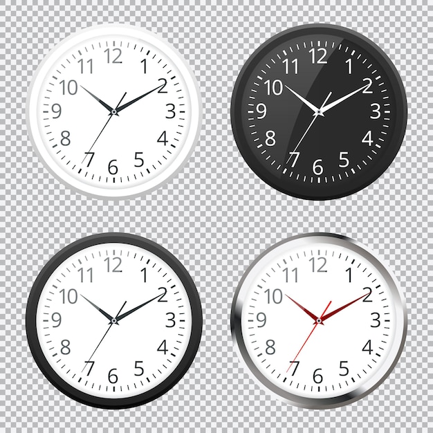 Conjunto de icono de reloj de pared redondo negro, blanco y plateado clásico realista aislado en fondo transparente. Ilustración vectorial