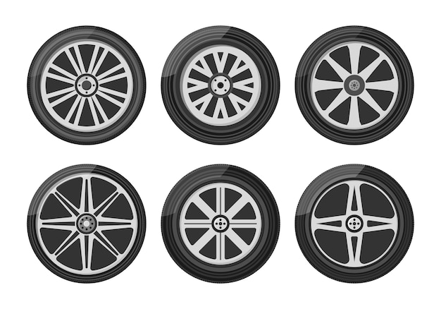 Conjunto de icono de ruedas de coche. Un neumático de rueda para el automóvil, la motocicleta, el camión y el SUV.