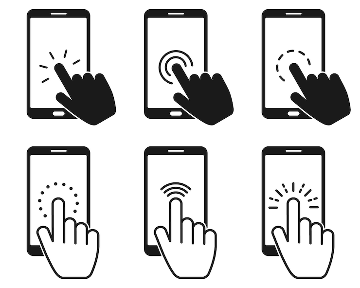Vector conjunto de icono de señal de teléfono inteligente de pantalla táctil. símbolo de puntero de mano. estilo de diseño plano. vector