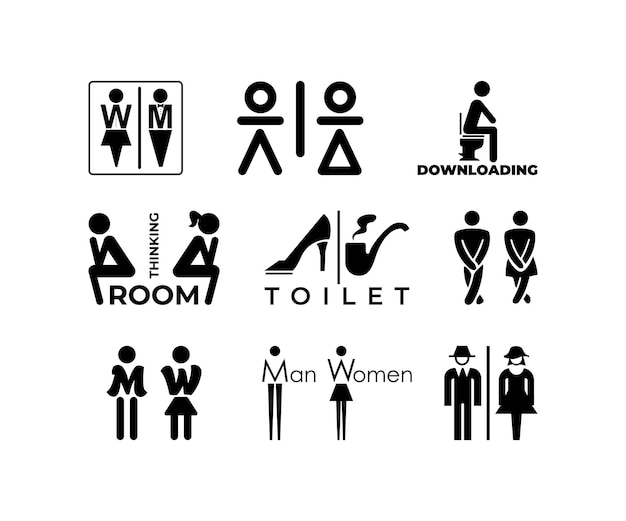 Conjunto de icono de signo de WC divertido en el fondo blanco Iconos de mujer de hombre de vector Símbolo de baño divertido