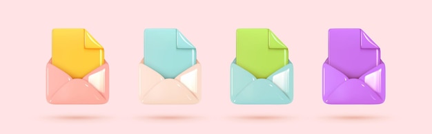 Conjunto de icono de sobre de correo electrónico abierto con documento. Enviar carta por correo. Diseño 3d realista multicolor aislado. ilustración vectorial