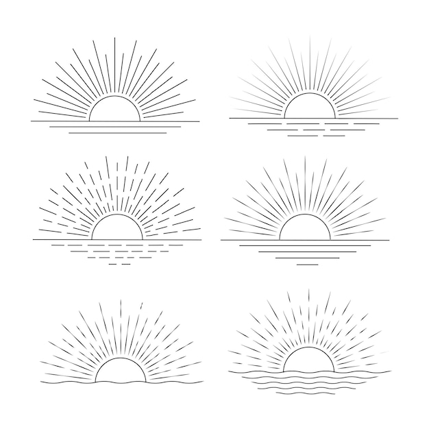 conjunto de icono de sol dibujado a mano verano amanecer puesta de sol sol sol logo icono mar océano sol vector