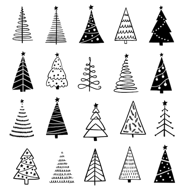 Conjunto de icono de vector de árbol de Navidad. Simple ilustración en blanco y negro al estilo escandinavo. Dibujado a mano