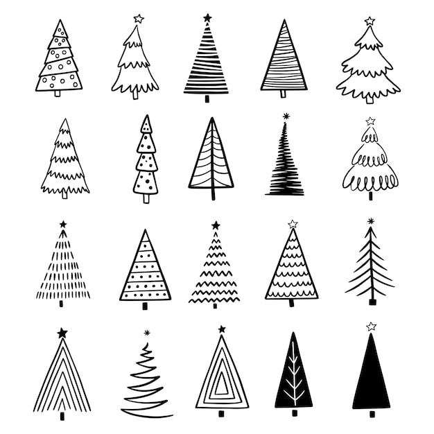 Conjunto de icono de vector de árbol de Navidad. Simple ilustración en blanco y negro al estilo escandinavo. Dibujado a mano