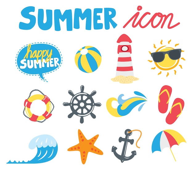 Conjunto de icono de verano en estilo doodle