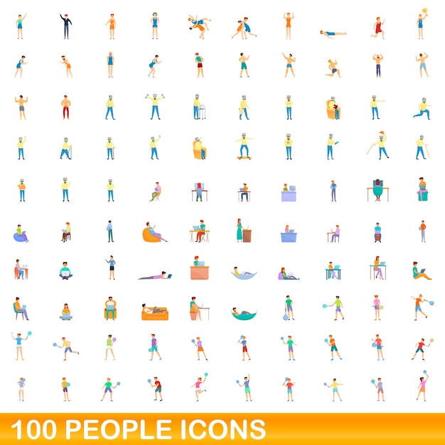 Conjunto de iconos de 100 personas. Ilustración de dibujos animados de 100 personas iconos conjunto de vectores aislado sobre fondo blanco