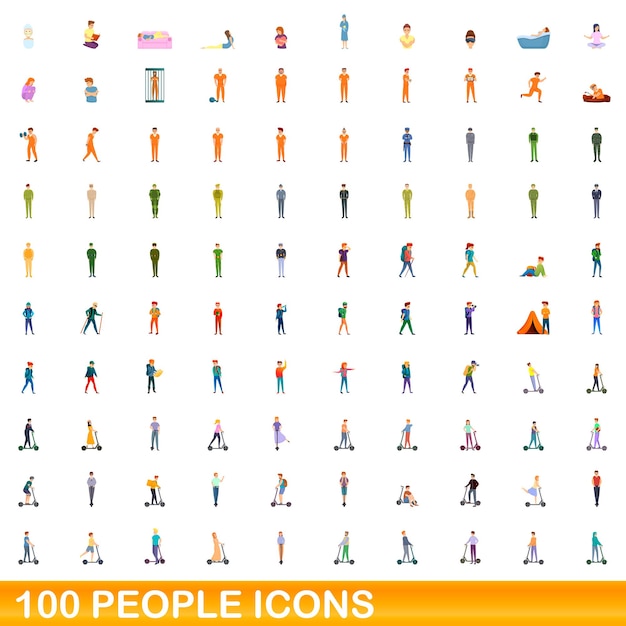 Conjunto de iconos de 100 personas. Ilustración de dibujos animados de 100 personas iconos vector conjunto aislado sobre fondo blanco