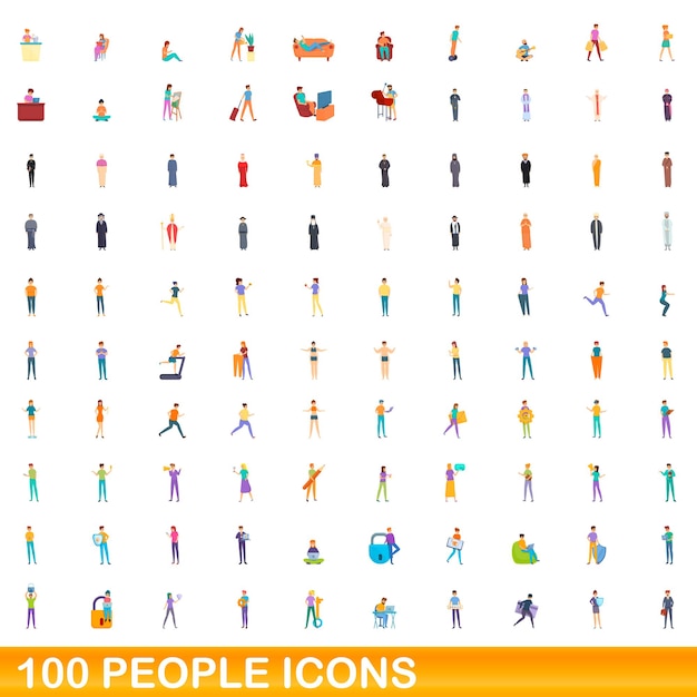 Conjunto de iconos de 100 personas. Ilustración de dibujos animados de 100 personas iconos vector conjunto aislado sobre fondo blanco