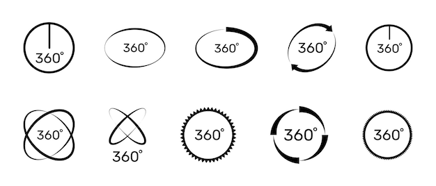 Conjunto de iconos de 360 grados símbolo con flecha para indicar la rotación de realidad virtual o panoramas