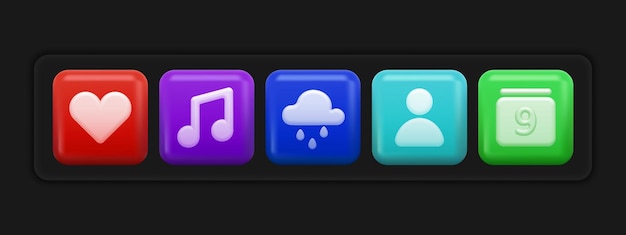 Conjunto de iconos 3d básicos. Botones coloridos de aplicaciones de interfaz de usuario. Ilustración vectorial