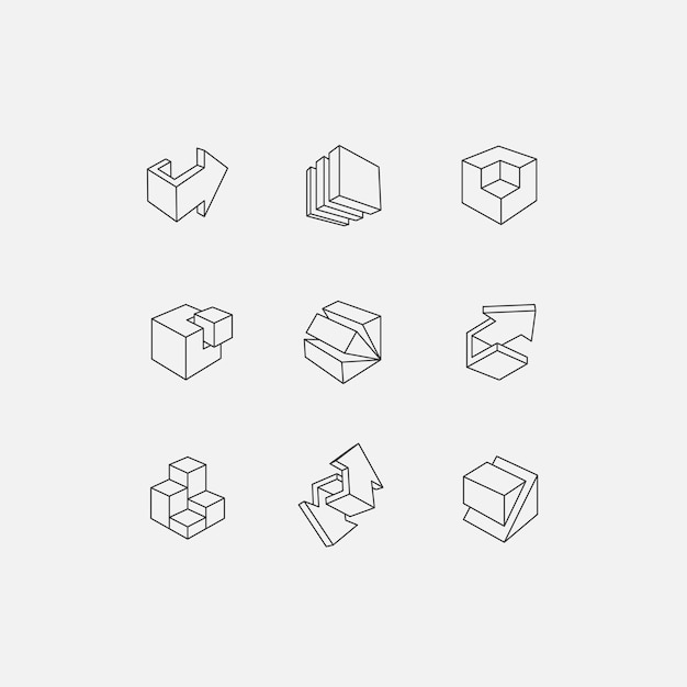 Conjunto de iconos 3d. Ilustración vectorial de flechas y cubos abstractos, estilo polivinílico bajo. Elemento de diseño para póster, volante, portada, folleto. Figuras geométricas poligonales. Diseño de logo.
