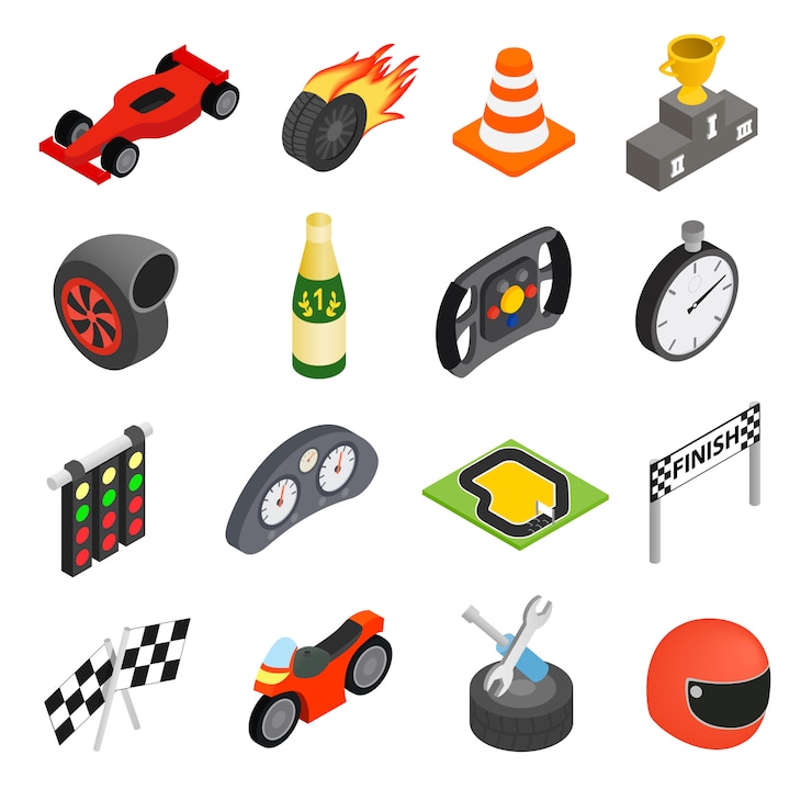 Conjunto de iconos 3d isométricos de carreras de coches