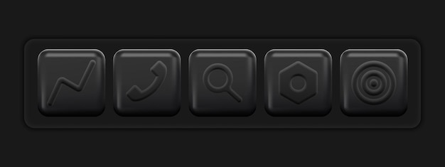 Conjunto de iconos 3D negro. Botones básicos de la aplicación de teléfono móvil. Ilustración vectorial