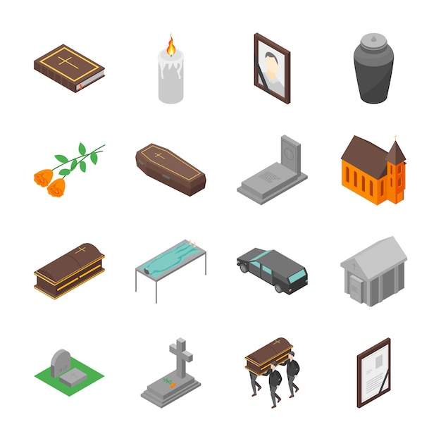 Conjunto de iconos 3d de signos funerarios Vector de vista isométrica