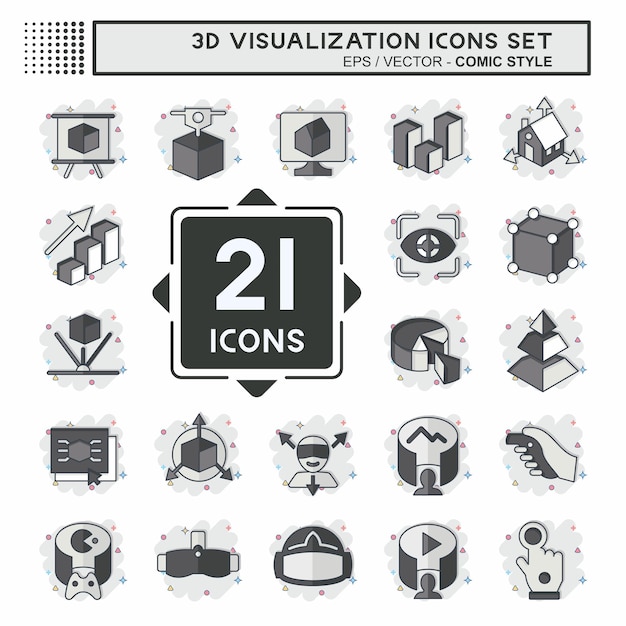 Conjunto de íconos 3D Visualización relacionada con el estilo de cómic del símbolo de visualización 3D diseño simple