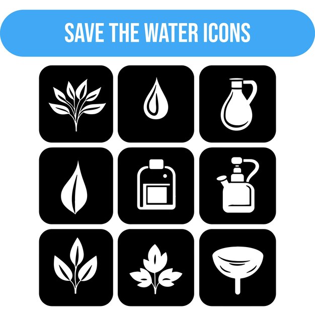 conjunto de iconos de 6 para ahorrar agua sólido en blanco y negro
