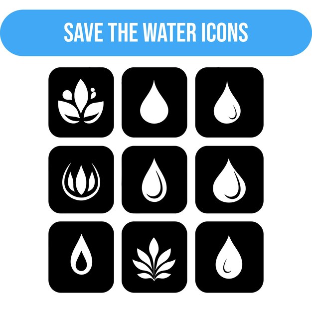 conjunto de iconos de 6 para ahorrar agua sólido en blanco y negro