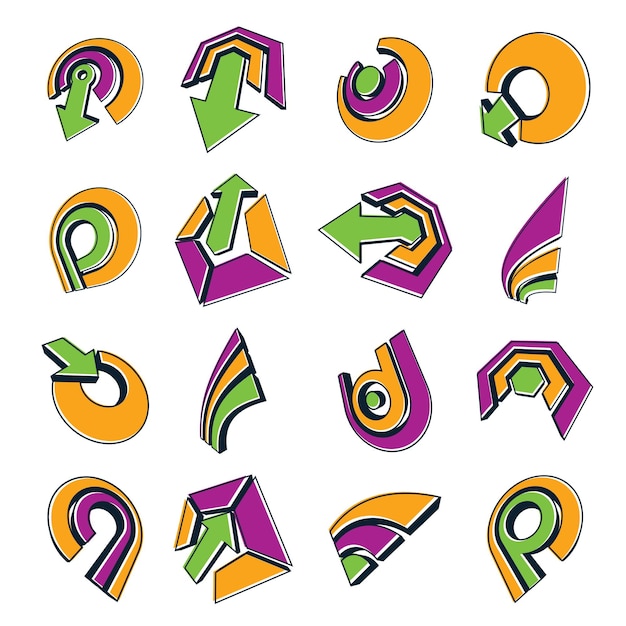 Conjunto de iconos abstractos vectoriales 3d, elementos de diseño gráfico corporativo simple. Colorido conjunto de símbolos de marketing aislado sobre fondo blanco.