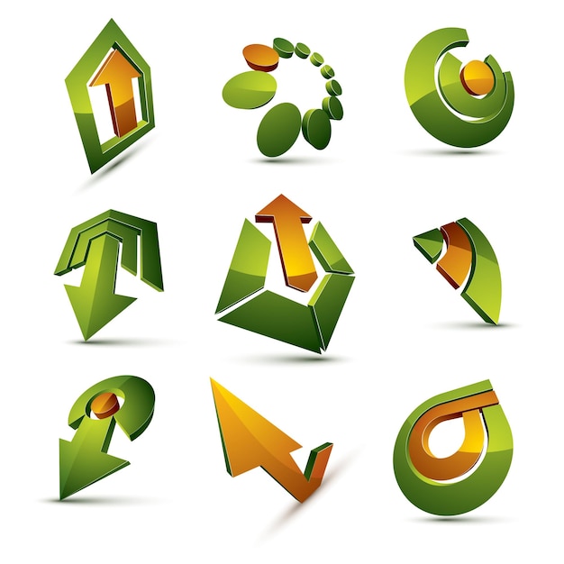 Conjunto de iconos abstractos vectoriales 3d, elementos de diseño gráfico corporativo simple. Conjunto de símbolos de marketing verde y amarillo aislado sobre fondo blanco.