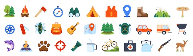 Conjunto de iconos de acampada Estilo de dibujos animados Icono vectorial