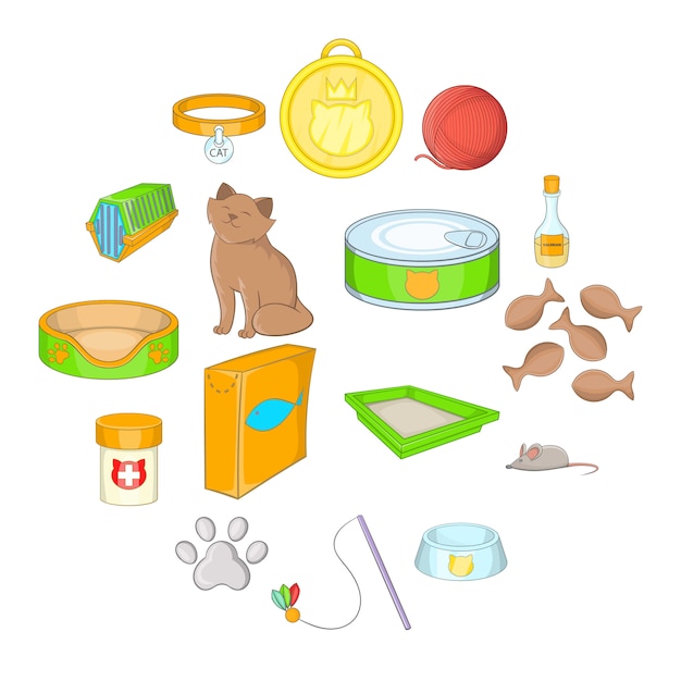 Conjunto de iconos de accesorios de gatos, estilo de dibujos animados