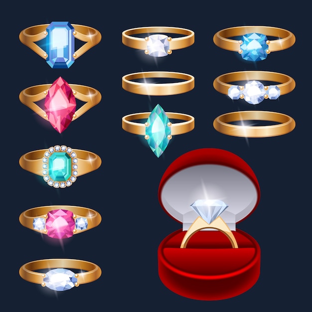 Vector conjunto de iconos de accesorios de joyería de anillos realistas.