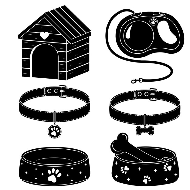 Un conjunto de íconos de accesorios para perros y gatos, un puesto de tazones de comida, una correa y collares con un medallón