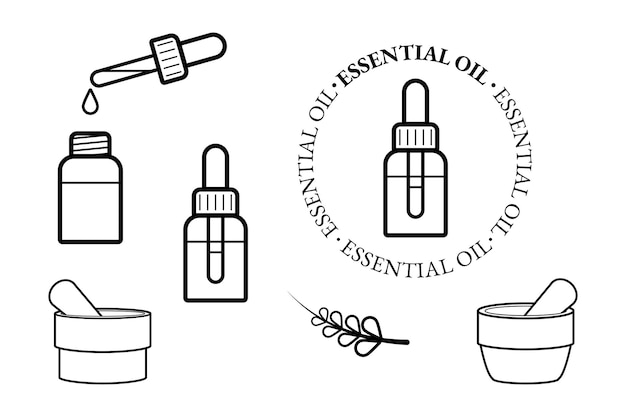 Conjunto de iconos de aceite esencial Aromaterapia y símbolo de aceite cosmético Estilo de línea ilustración vectorial