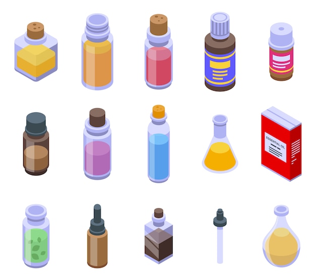 Conjunto de iconos de aceites esenciales, estilo isométrico