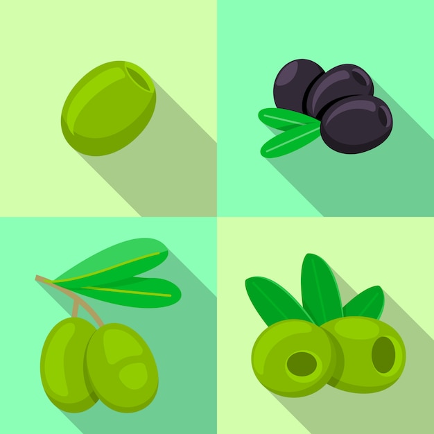 Vector conjunto de iconos de aceitunas frescas. conjunto plano de iconos de aceitunas frescas para diseño web