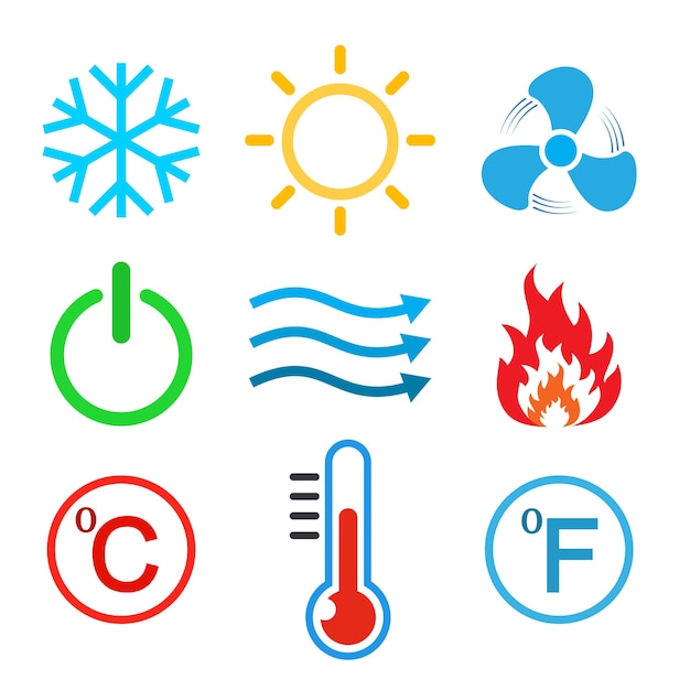 Vector conjunto de iconos de acondicionamiento. ilustración vectorial. caliente, frío, aire, potencia y temperatura