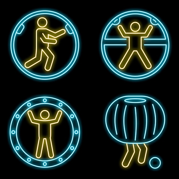 Conjunto de iconos de actividad de la bola zorb Conjunto general de iconos vectoriales de actividad de las bolas zorb Color de neón en negro