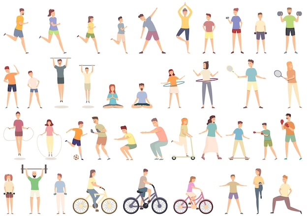 Conjunto de iconos de actividad deportiva familiar vector de dibujos animados Ejercicio en casa Entrenamiento deportivo