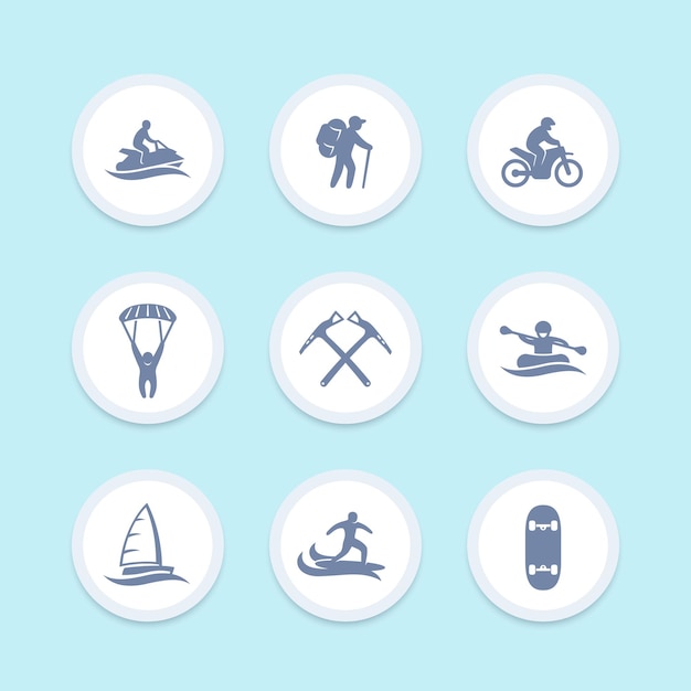 Vector conjunto de iconos de actividades al aire libre extremas, paracaidismo, vela, montañismo, surf, rafting