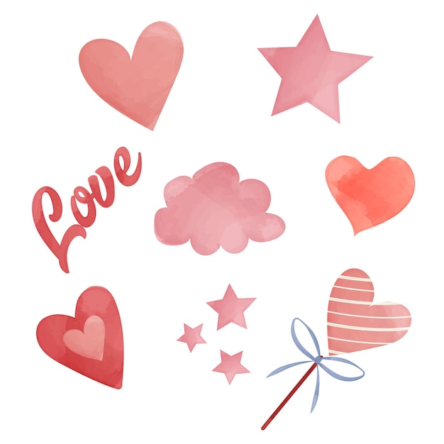 Conjunto de iconos de acuarela para el día de San Valentín. Corazones, dulces, estrellas, letras de amor.