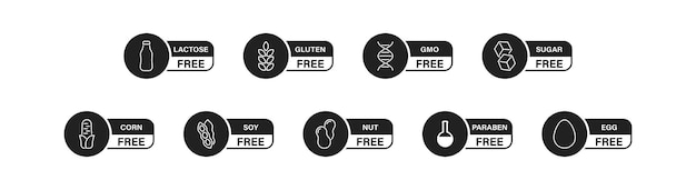 Vector conjunto de iconos de advertencia de ingredientes icones libres de alérgenos lactosa gluten gmo azúcar maíz soja huevo nuez parabeno