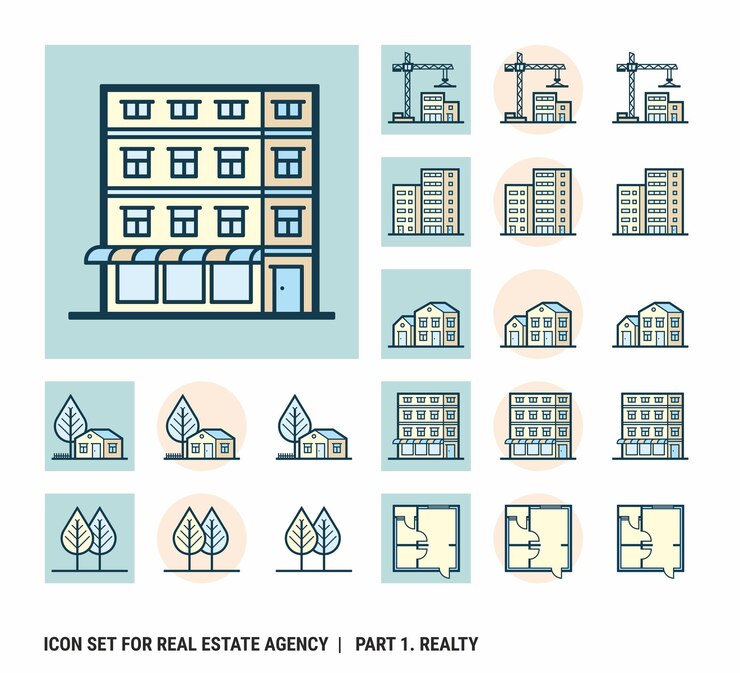 Conjunto de iconos para agencia inmobiliaria. Bienes raíces