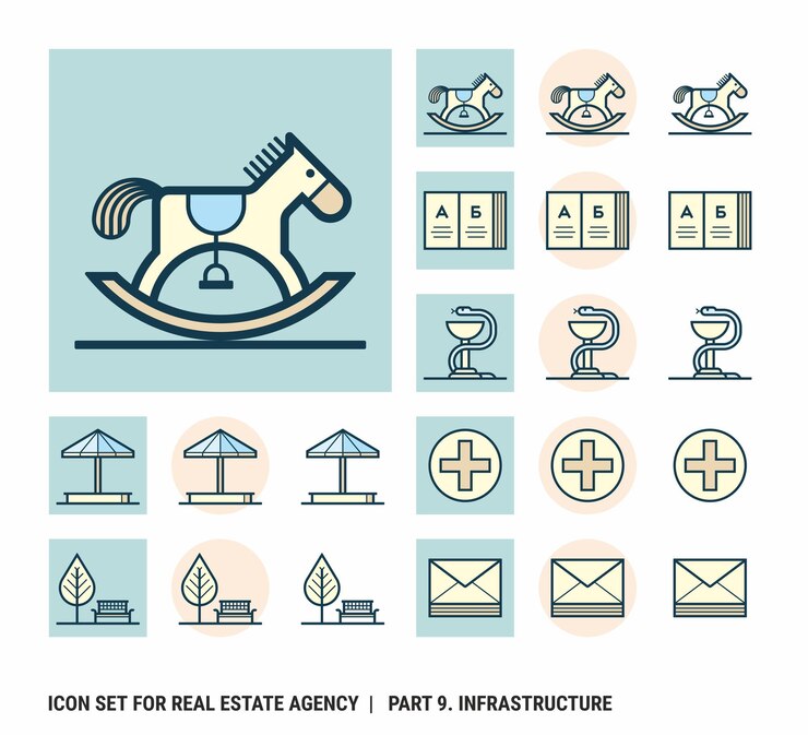 Conjunto de iconos para agencia inmobiliaria. Infraestructura